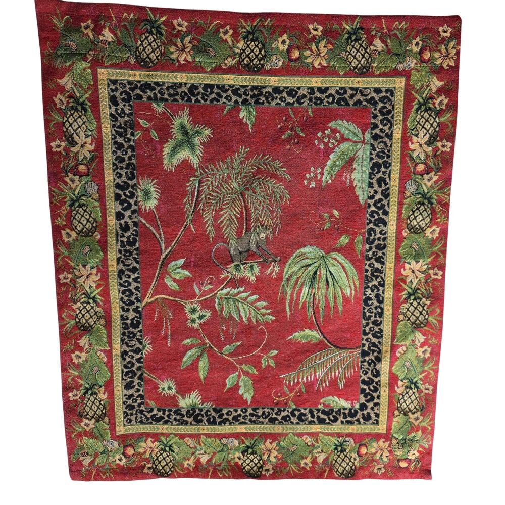 Vintage Maxwell Escape to Paradise Tropical Monkey Woven Tapestry Wall Hanging